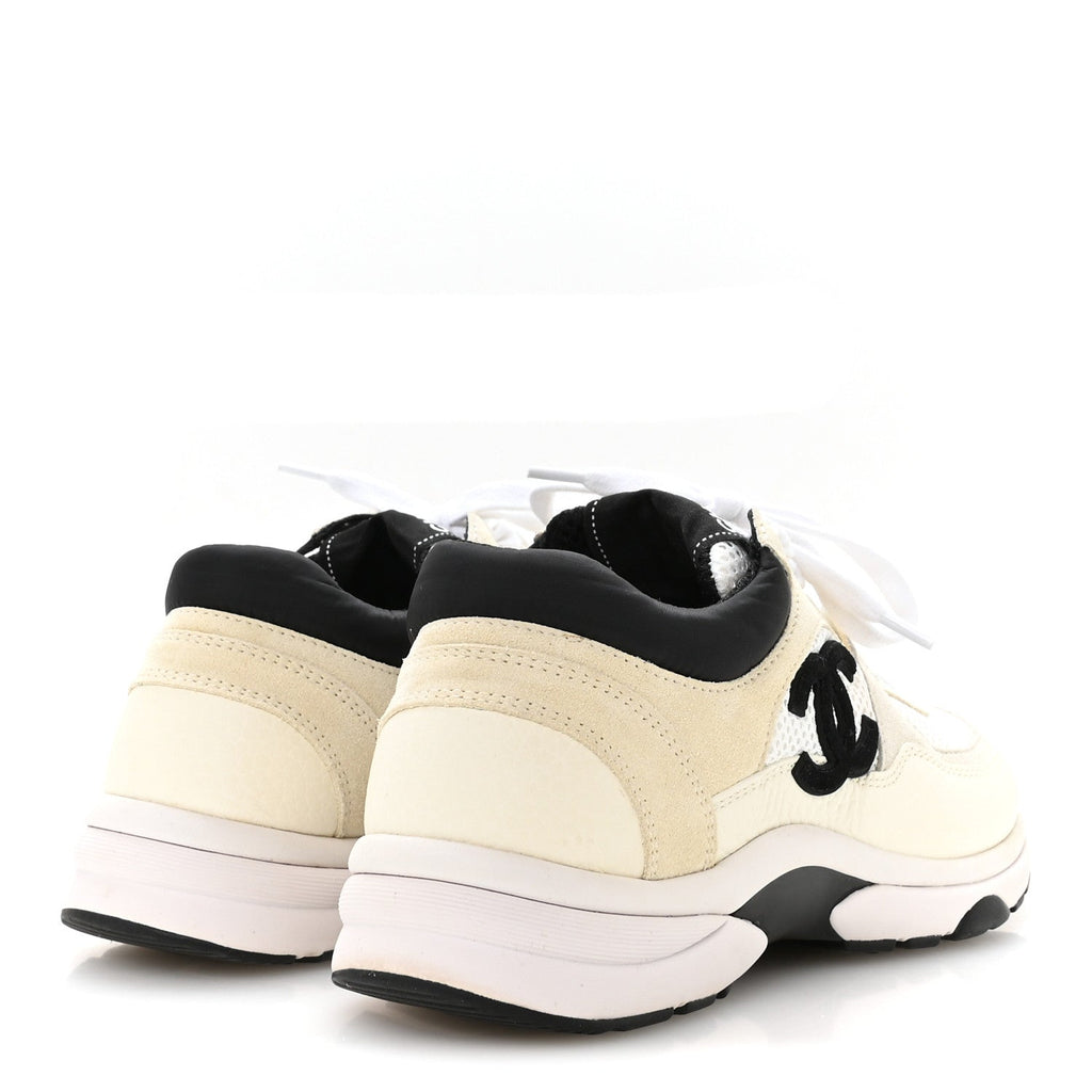 Mesh Suede Calfskin Grained Calfskin Womens CC Sneakers 36 White Black