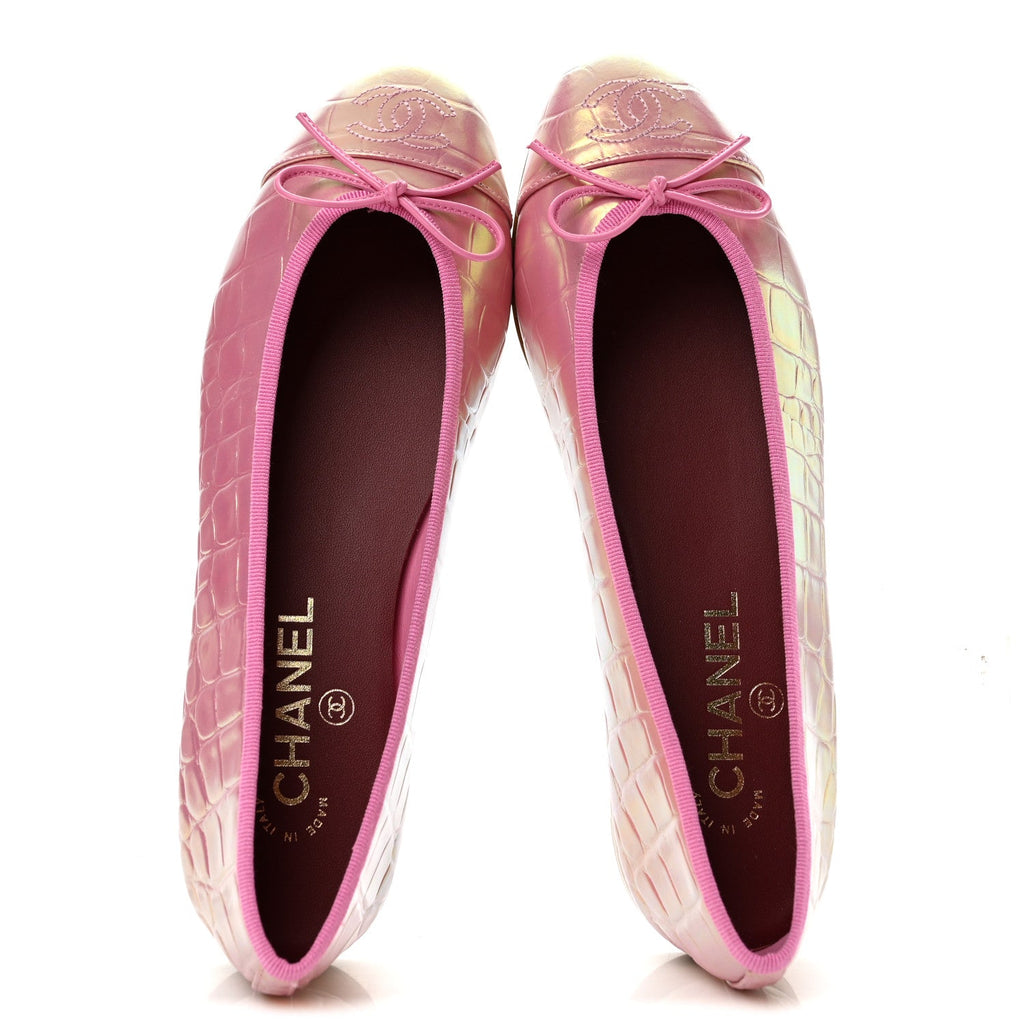 Iridescent Crocodile Embossed Calfskin Ballet Flats 38.5 Pink