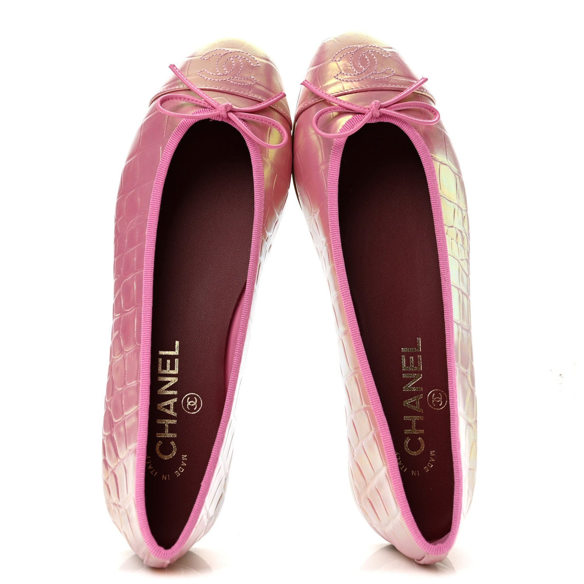 Iridescent Crocodile Embossed Calfskin Ballet Flats 38.5 Pink