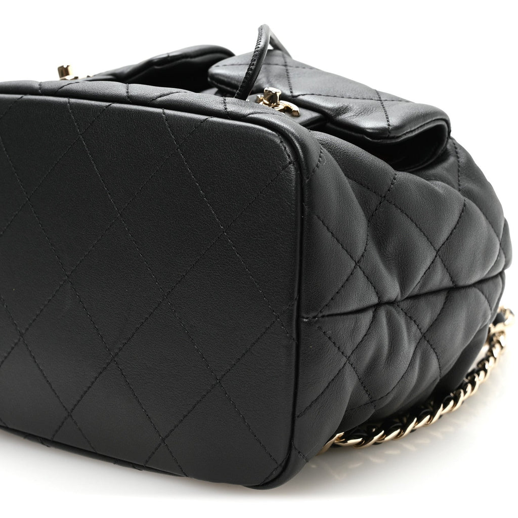 Calfskin Quilted Double Pocket Drawstring Backpack Black