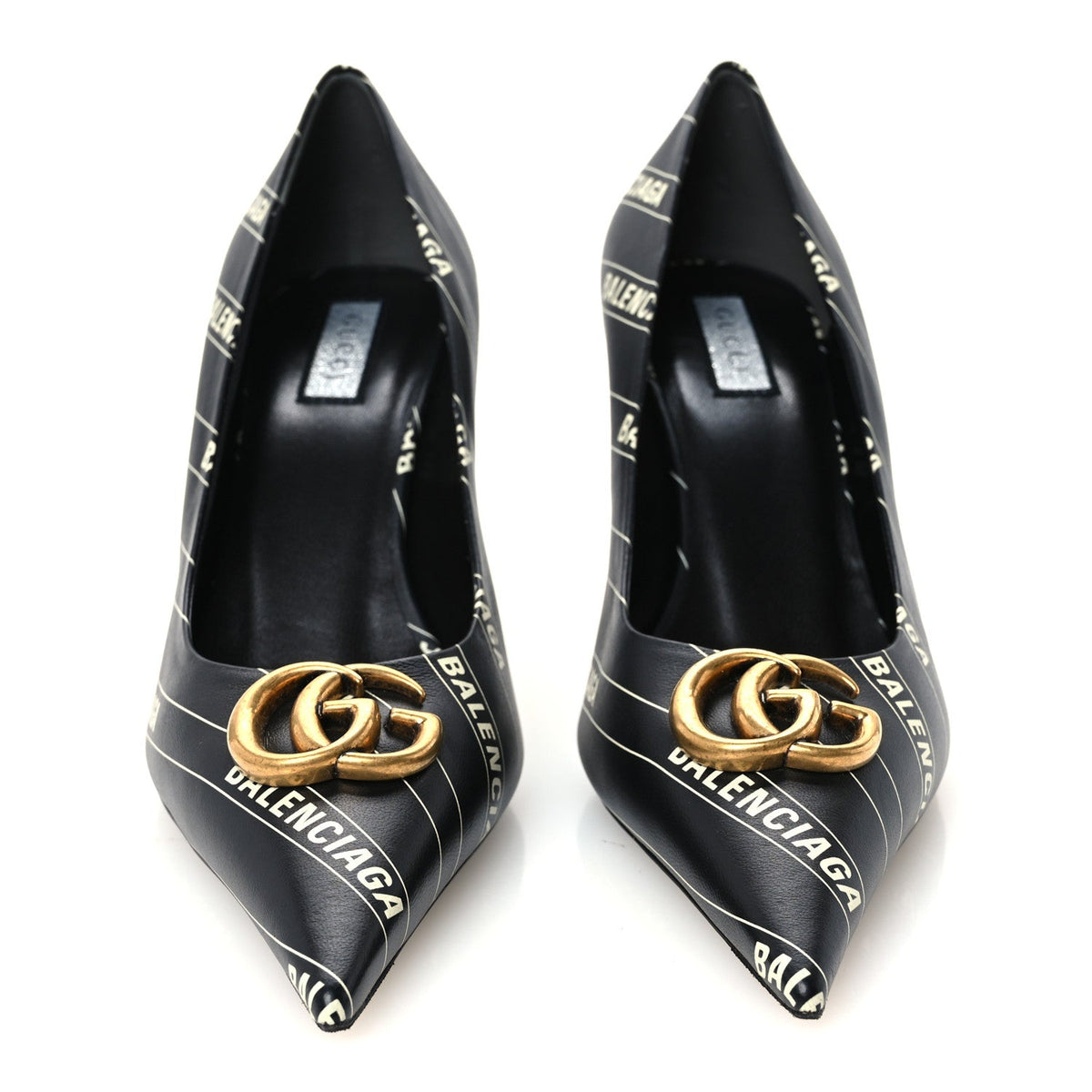 X Gucci Calfskin Logo Print Knife 80mm Pumps 37.5 Black