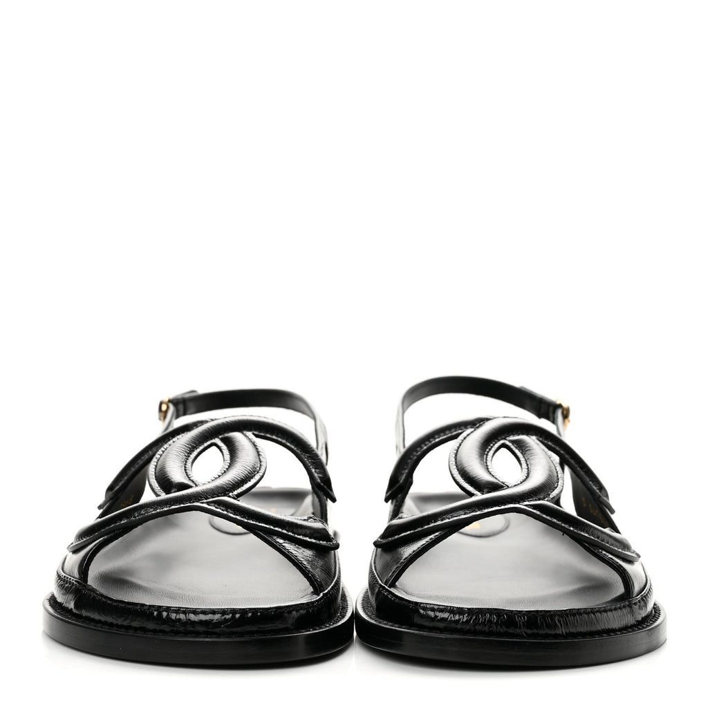Crumpled Shiny Lambskin CC Cut Out Dad Sandals 40 Black