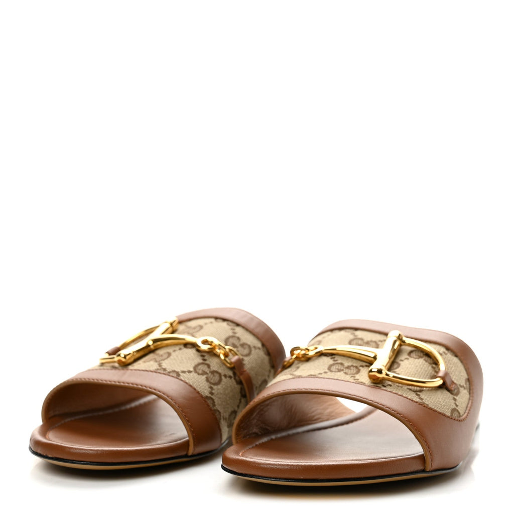 Calfskin Monogram Horsebit Womens Slide Sandals 38.5 Beige Ebony Sundial