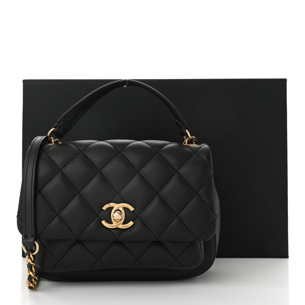 Calfskin Quilted Top Handle Flap Black