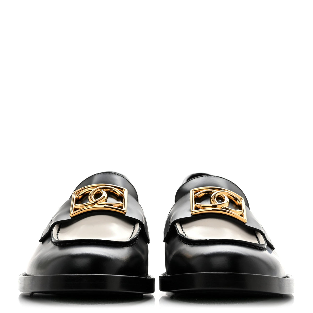 Shiny Calfskin CC Loafers Black White 37 Black White