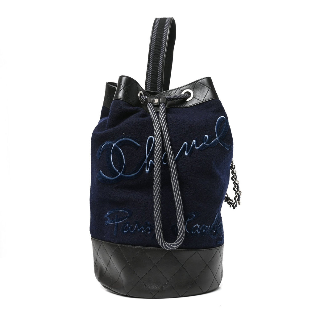 Wool Calfskin Embroidered Paris Hamburg Drawstring Backpack Navy Blue