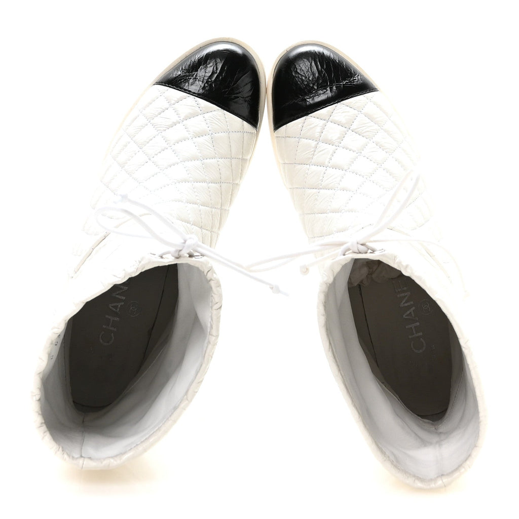 Distressed Patent Quilted Cap Toe Short Boots 38.5 White Black
