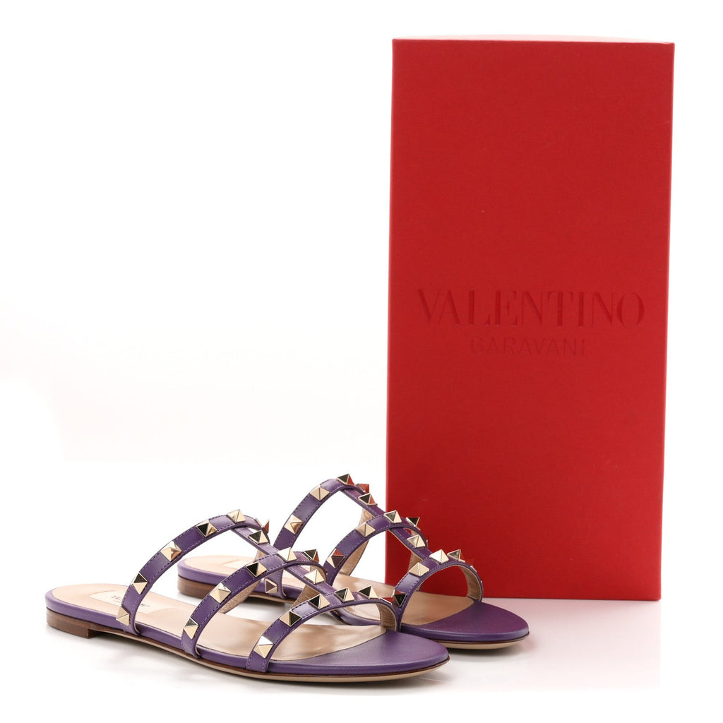Nappa Rockstud Caged Flat Slide Sandals 36 Indian Violet