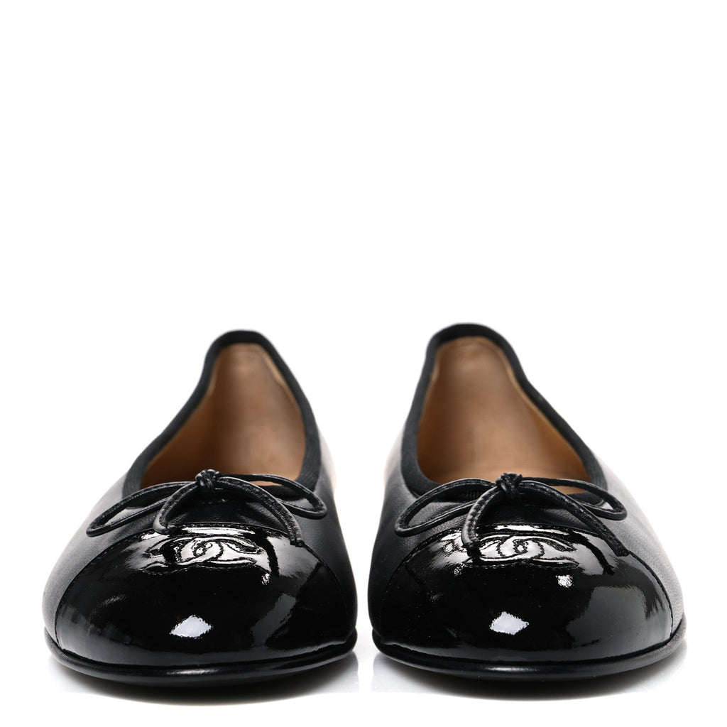Lambskin Patent Cap Toe Ballerina Flats 39.5 Black
