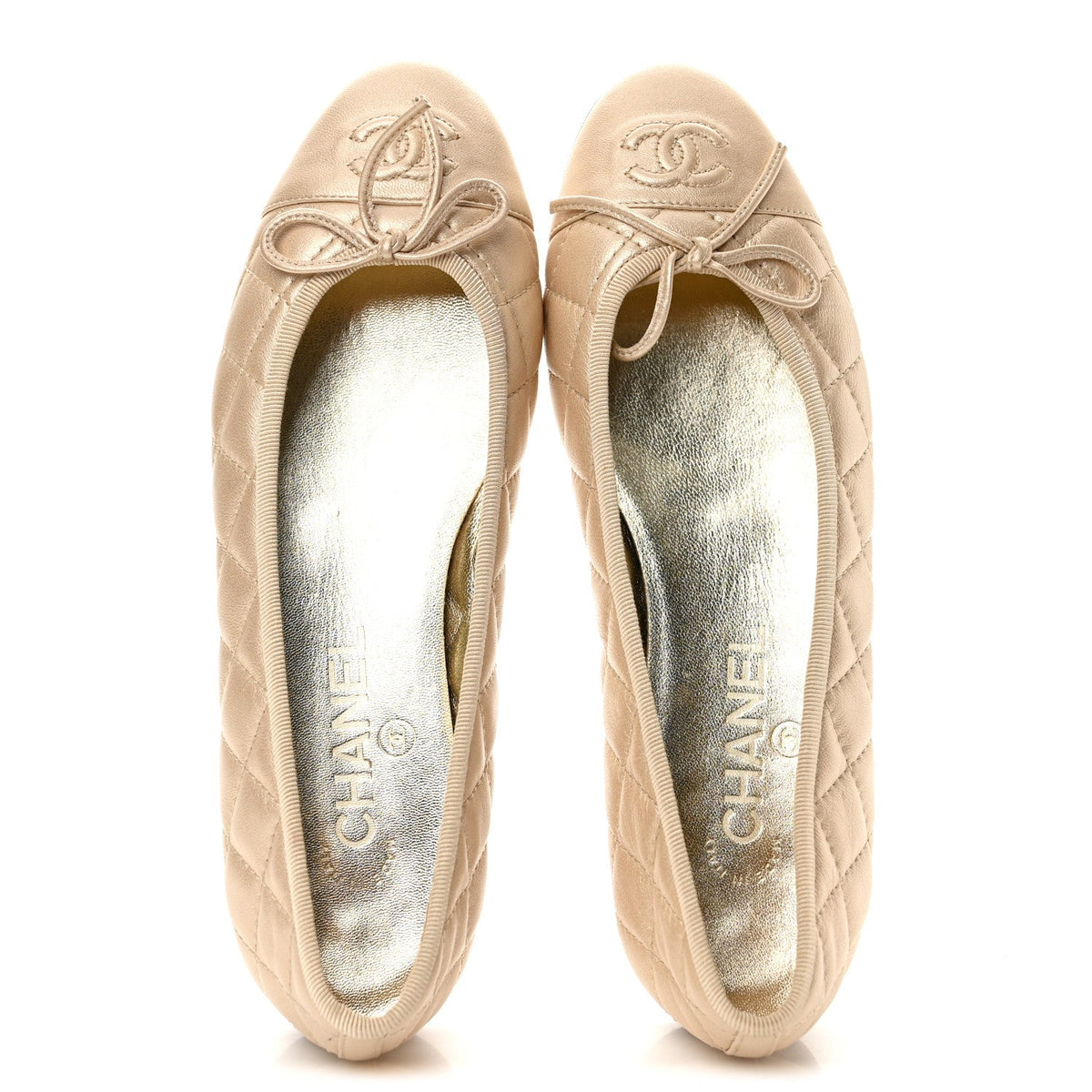 Metallic Lambskin Quilted CC Cap Toe Ballerina Flats 37 Light Gold