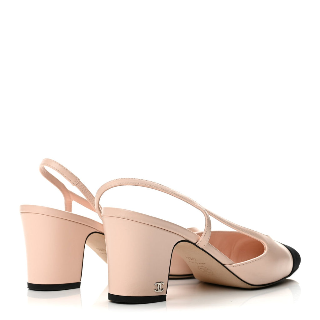 Calfskin Grosgrain Cap Toe CC Slingback Pumps 40.5 Light Pink Black