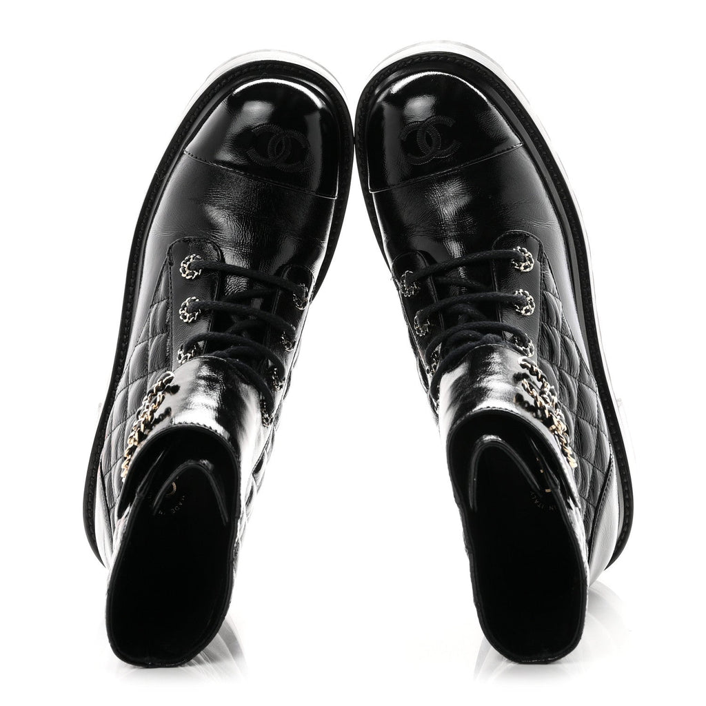 Shiny Calfskin Quilted Lace Up Combat Boots 40.5 Black