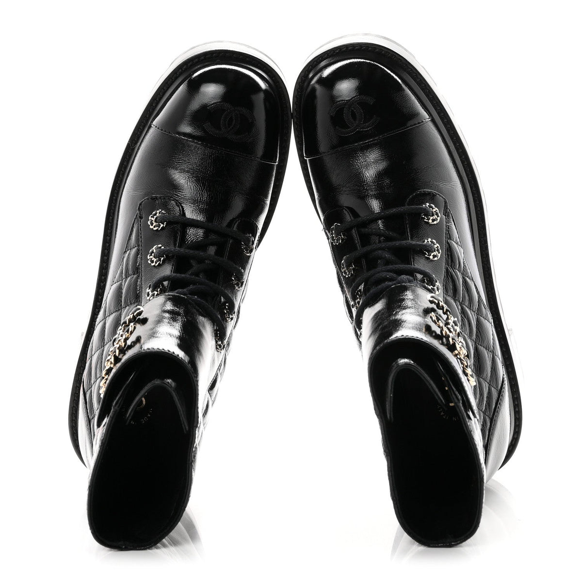 Shiny Calfskin Quilted Lace Up Combat Boots 40.5 Black