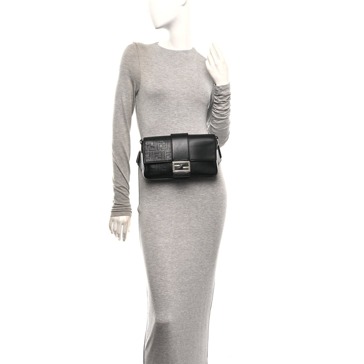 Vitello Grace FF Gradient Embossed Belt Baguette Bag Black