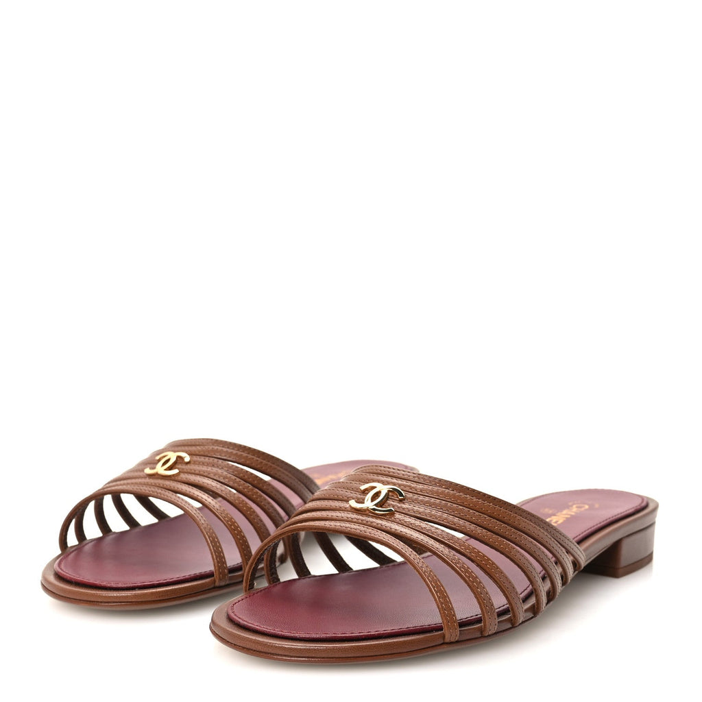Goatskin Caged CC Slide Sandals 37.5 Light Brown