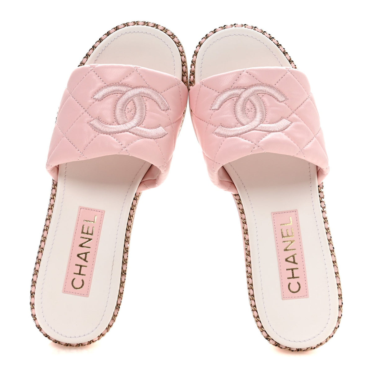 Lambskin Quilted CC Chain Mules 38 Light Pink White