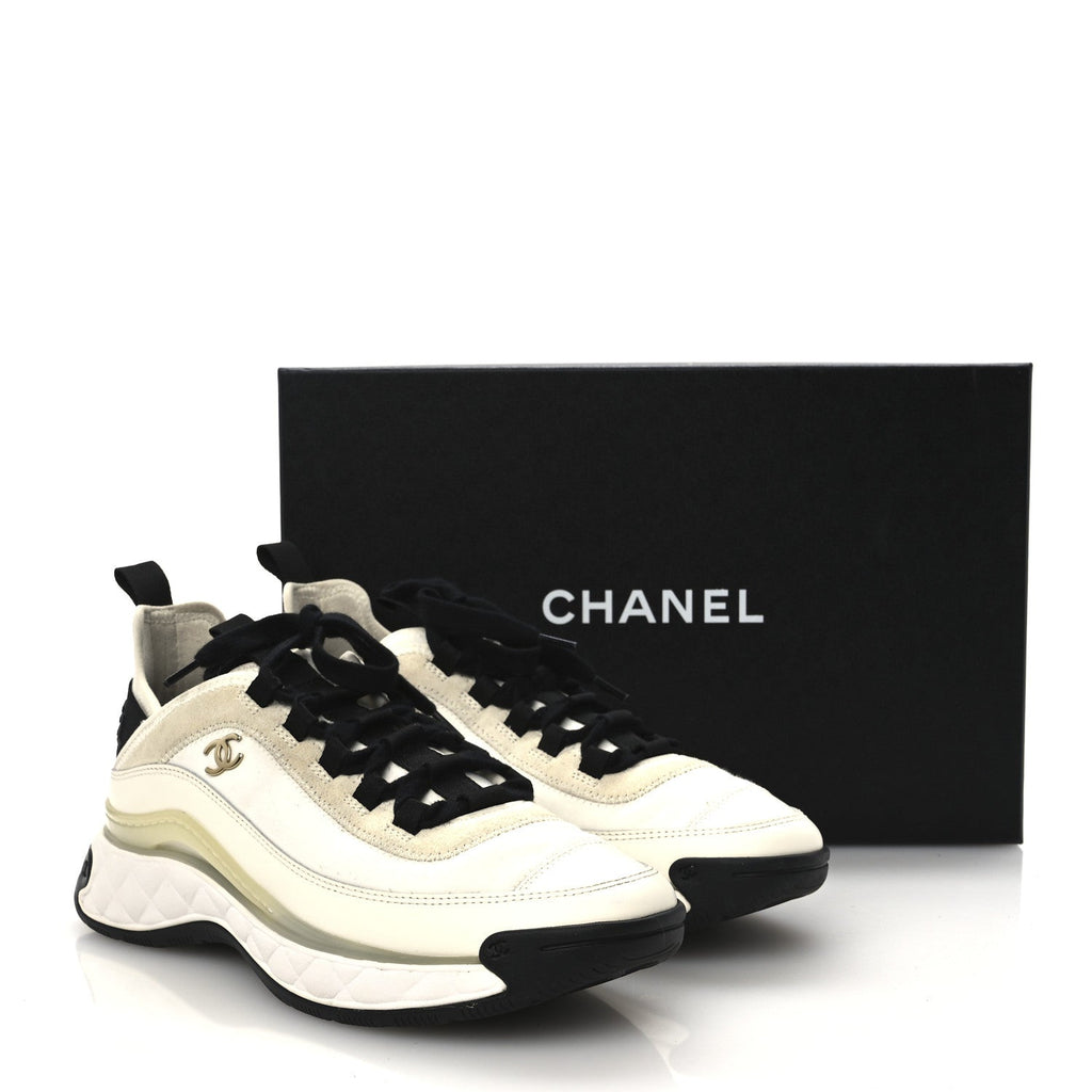 Velvet Calfskin Mixed Fibers CC Sneakers 38.5 Ivory Black