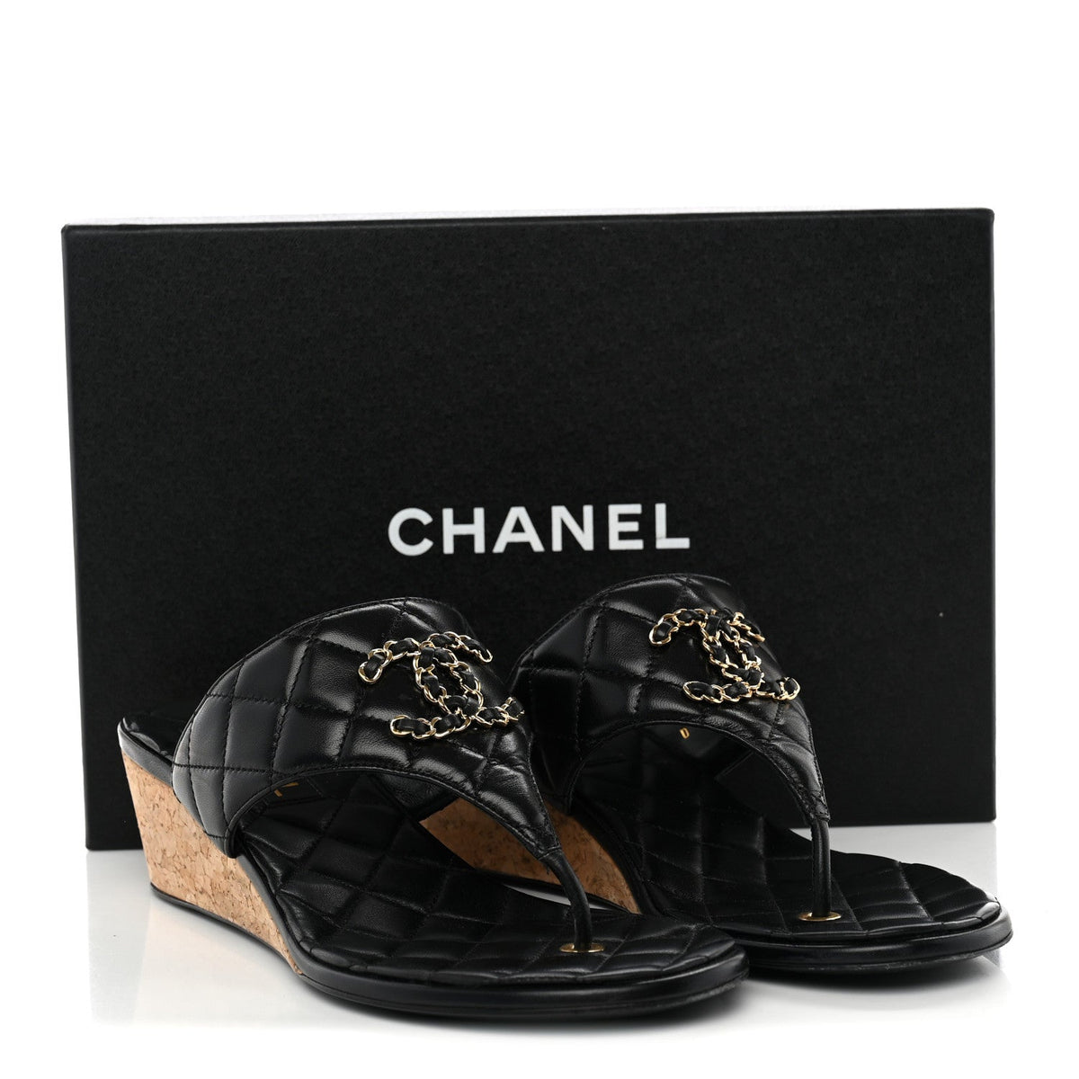 Shiny Goatskin Cork CC Wedge Sandals 39 Black