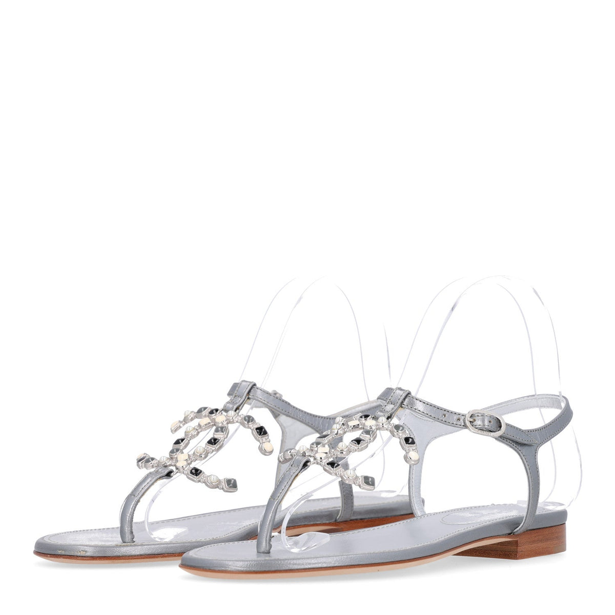 Metallized Lambskin CC Crystal Thong Sandals 37 Silver