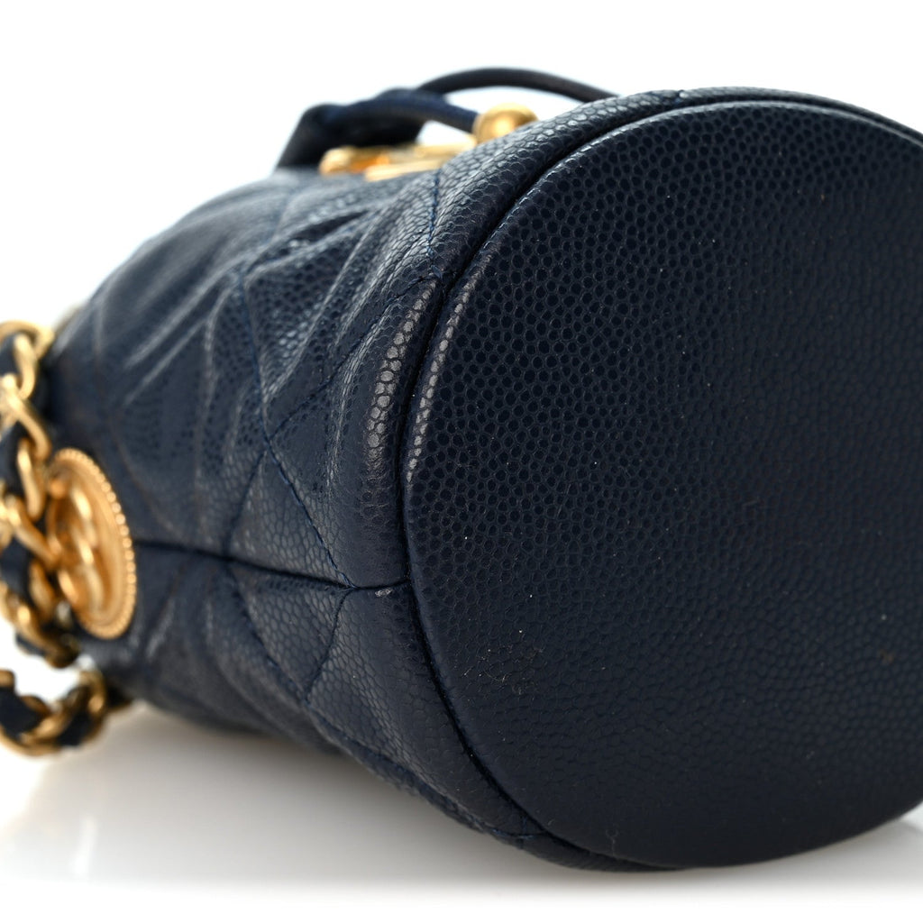 Caviar Quilted Twist Your Buttons Mini Bucket Bag Navy