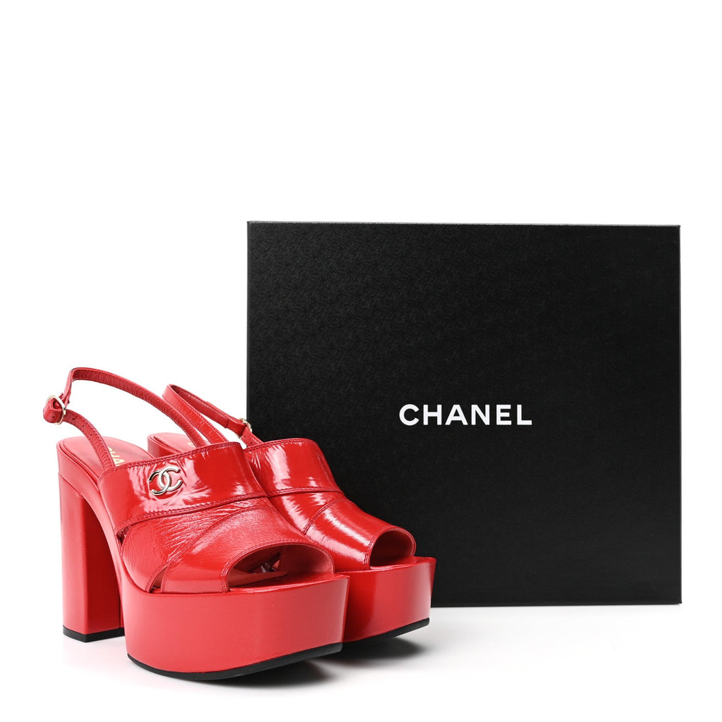 Crumpled Patent Lambskin Platform Sandals 39.5 Red