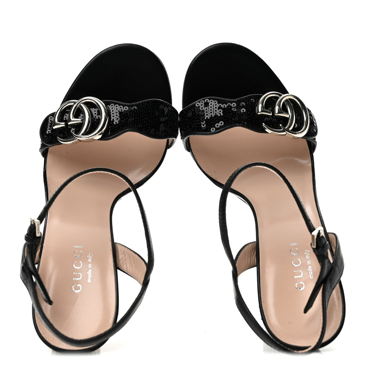 Sequin Satin Nappa GG Marmont Ankle Wrap 75mm Sandals 38.5 Black