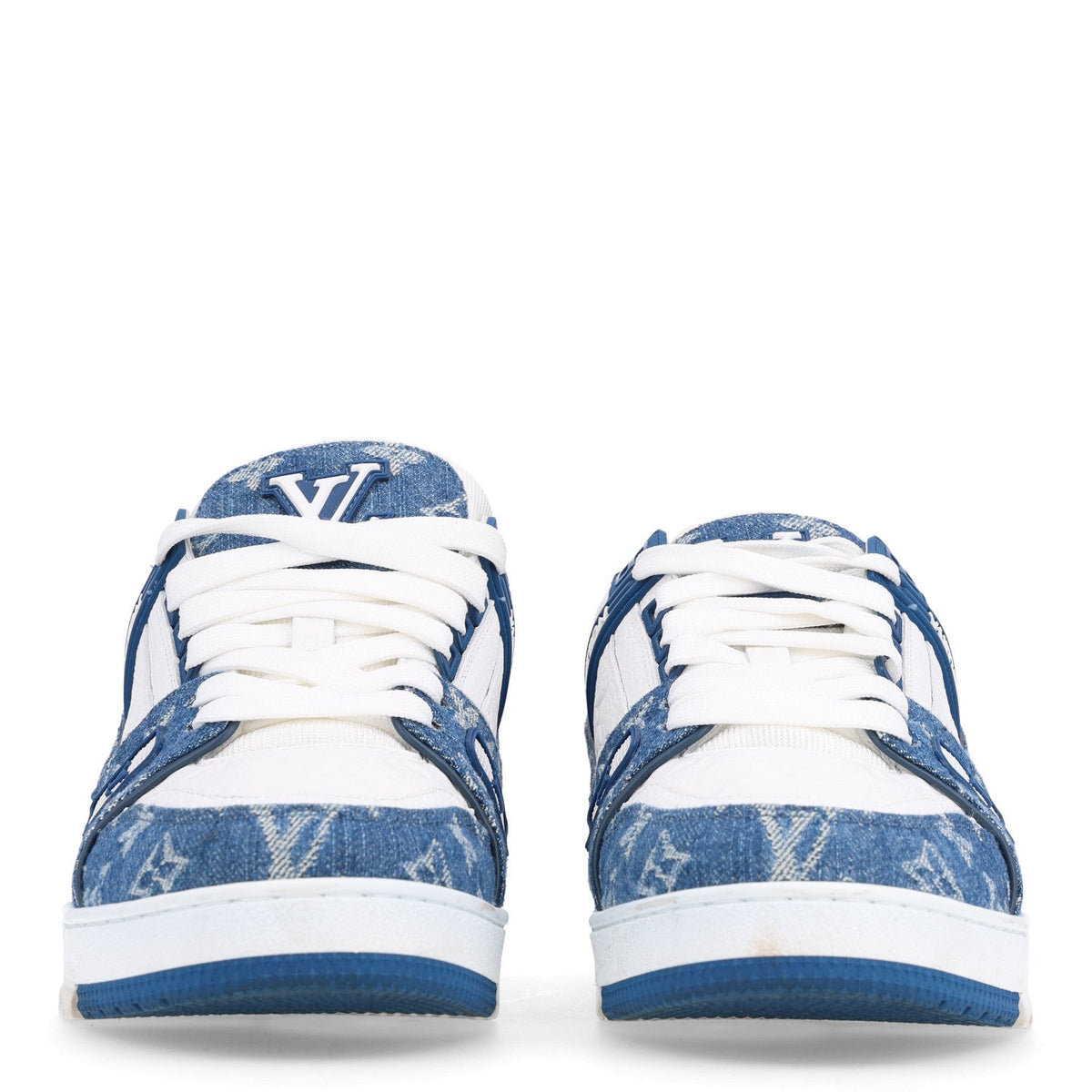 Calfskin Embossed Monogram Denim Womens LV Trainer Sneakers 40 Blue