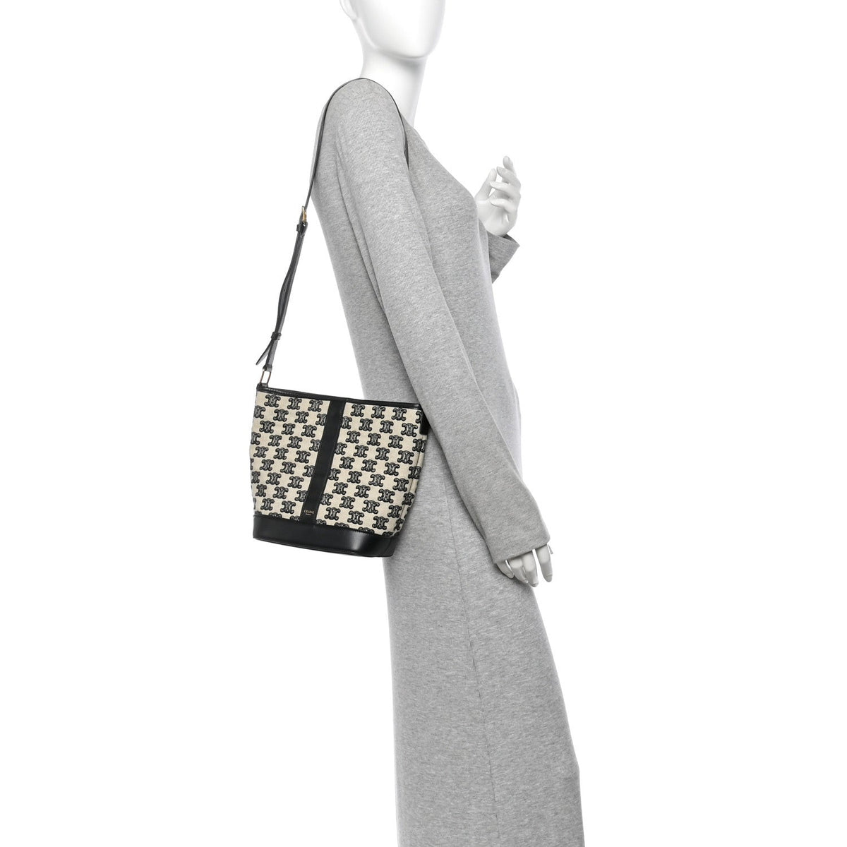 Canvas Calfskin Triomphe Embroidered Small Bucket Bag Black