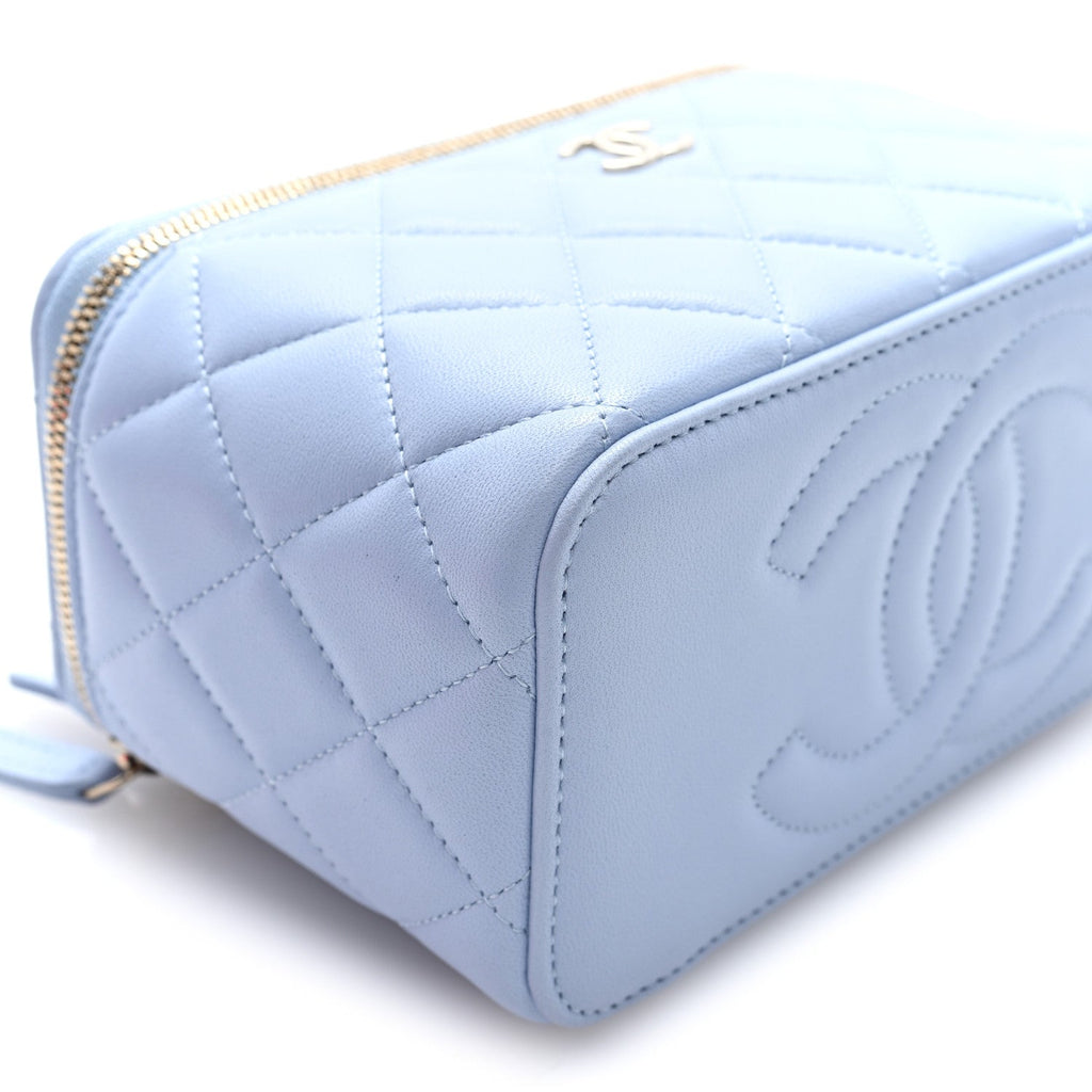 Lambskin Quilted Small Top Handle Vanity Case With Chain Light Blue