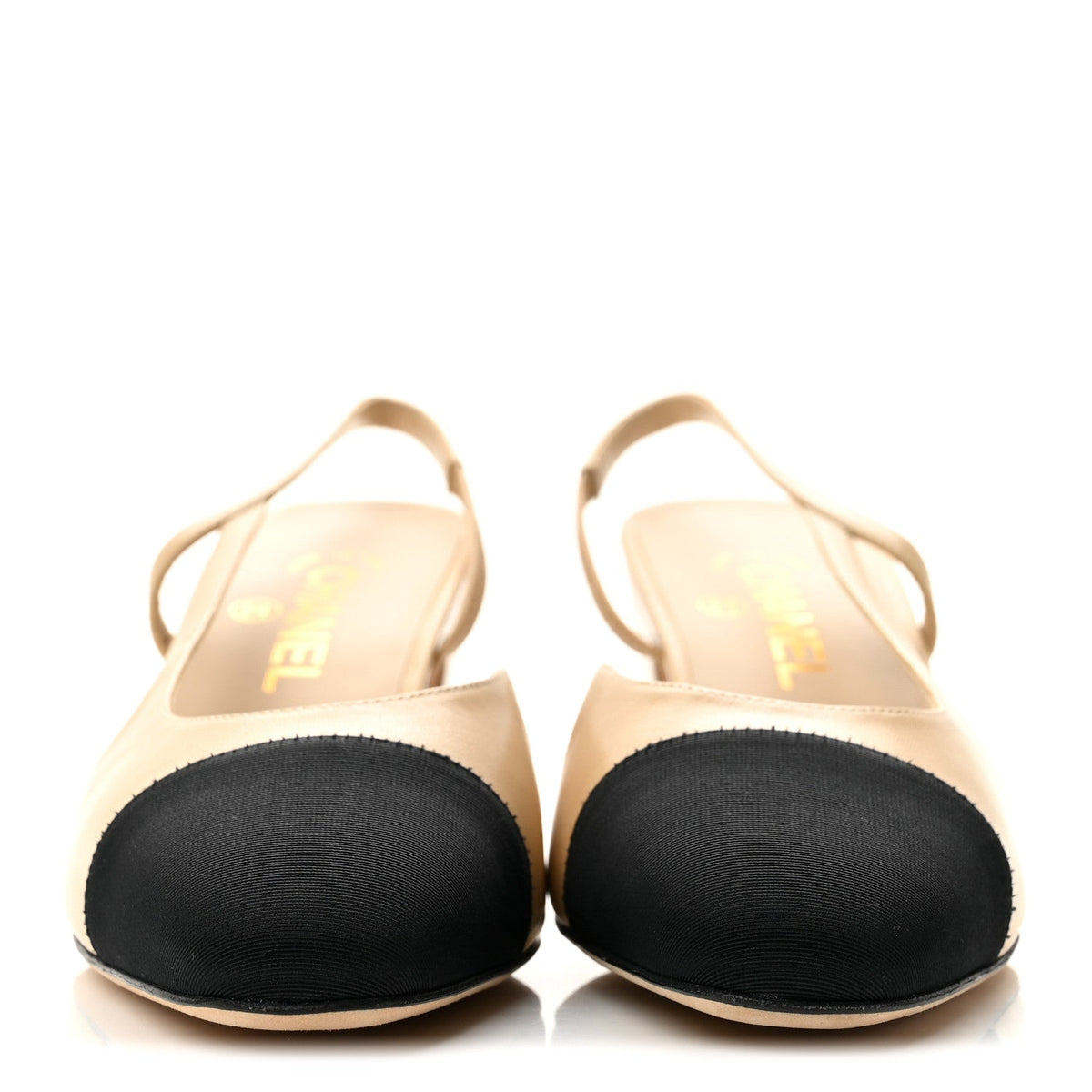Goatskin Grosgrain Cap Toe CC Slingback Pumps 39 Beige Black