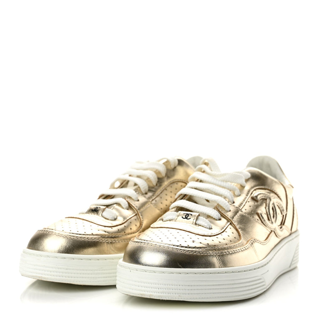 Laminated Calfskin CC Womens Sneakers 38 Golden