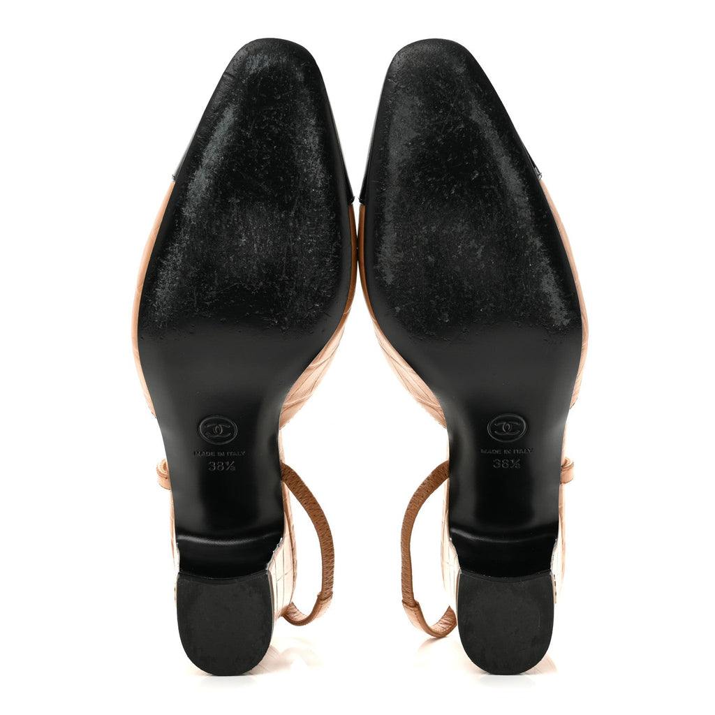 Calfskin Crocodile Embossed Patent Cap Toe CC Slingback Pumps 38.5 Light Brown Black