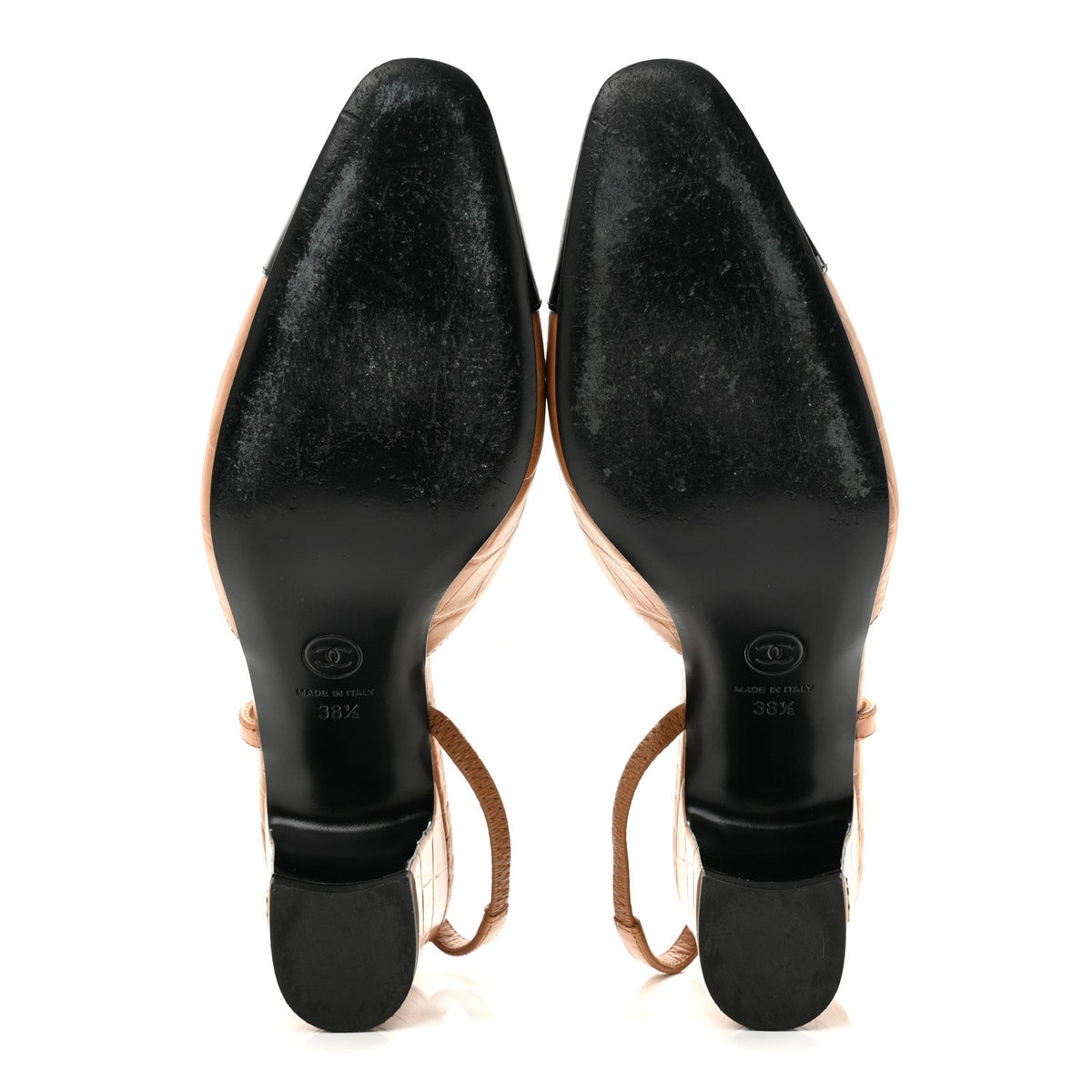Calfskin Crocodile Embossed Patent Cap Toe CC Slingback Pumps 38.5 Light Brown Black