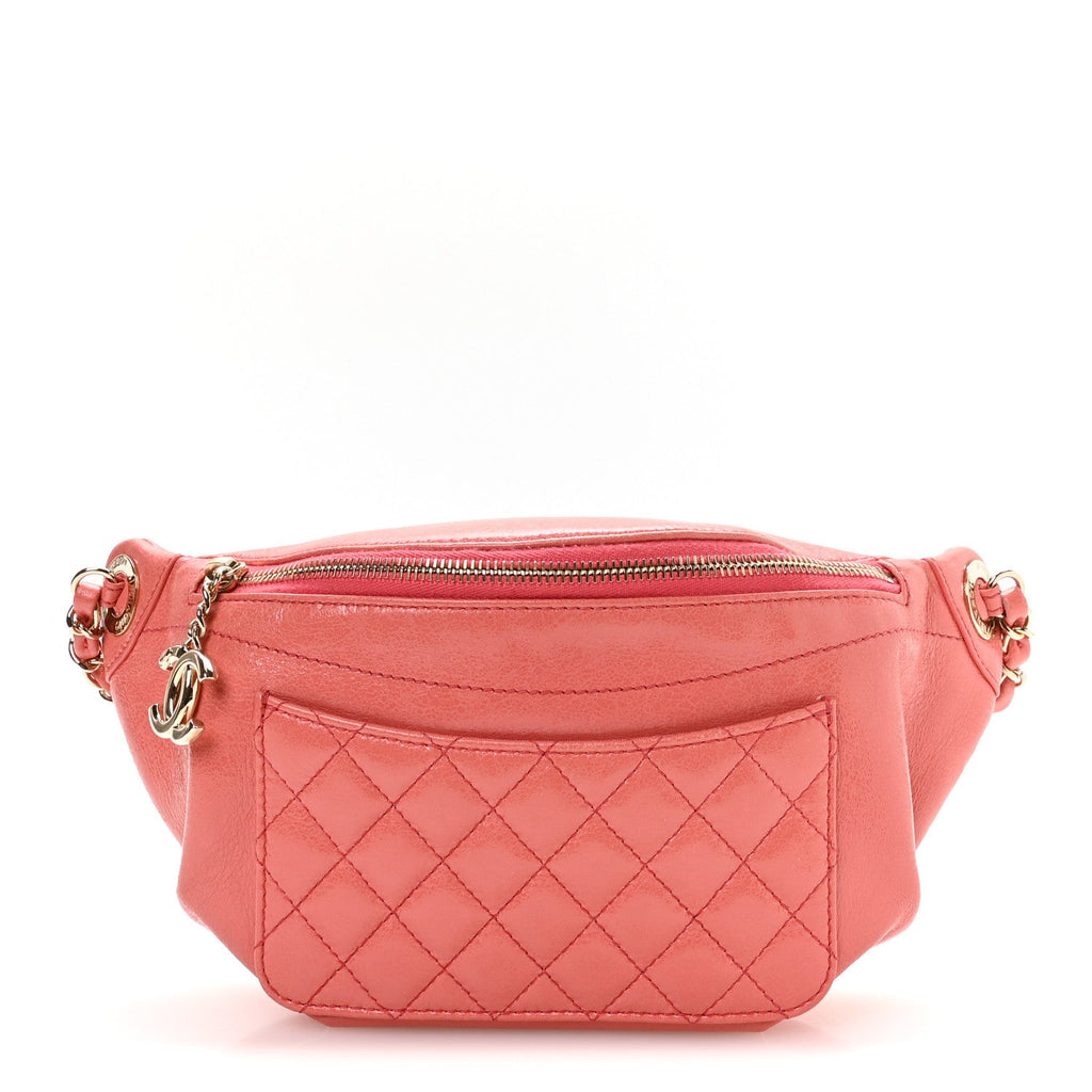 Crumpled Glazed Lambskin Quilted Waist Bag Fanny Pack Pink