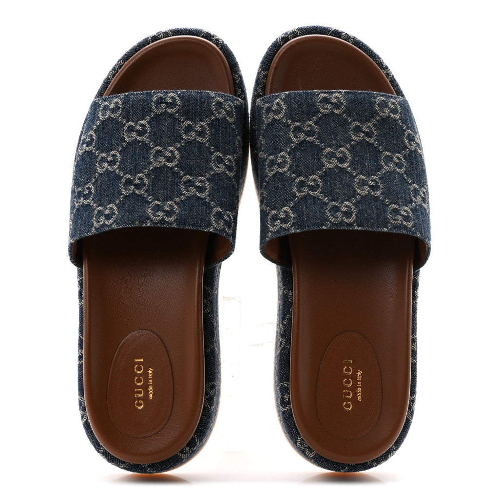 New Denim GG Monogram Angelina Platform 55mm Slide Sandals 40.5 Blue Tea
