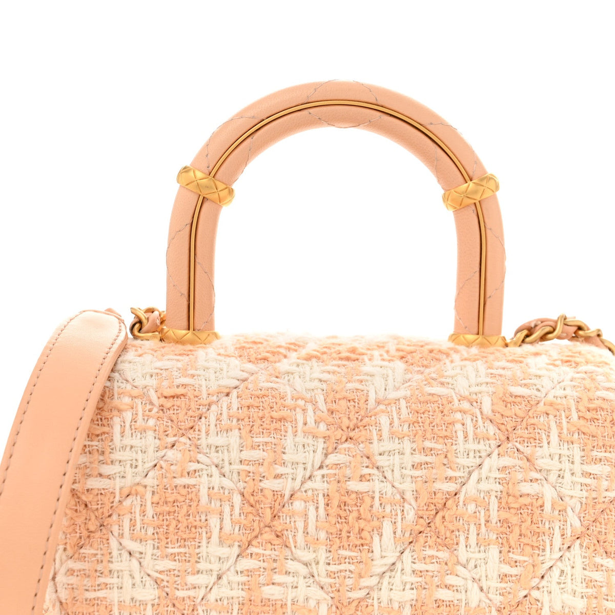 Tweed Handle Crush Top Handle Flap Bag Orange Ecru