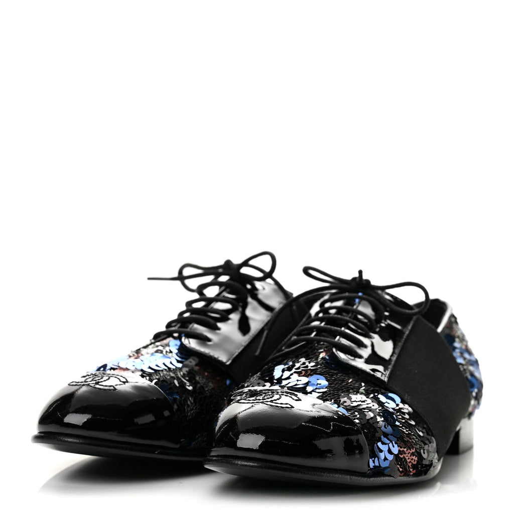 Patent Calfskin Sequin CC Cap Toe Womens Lace Up Oxfords 37.5 Blue Black