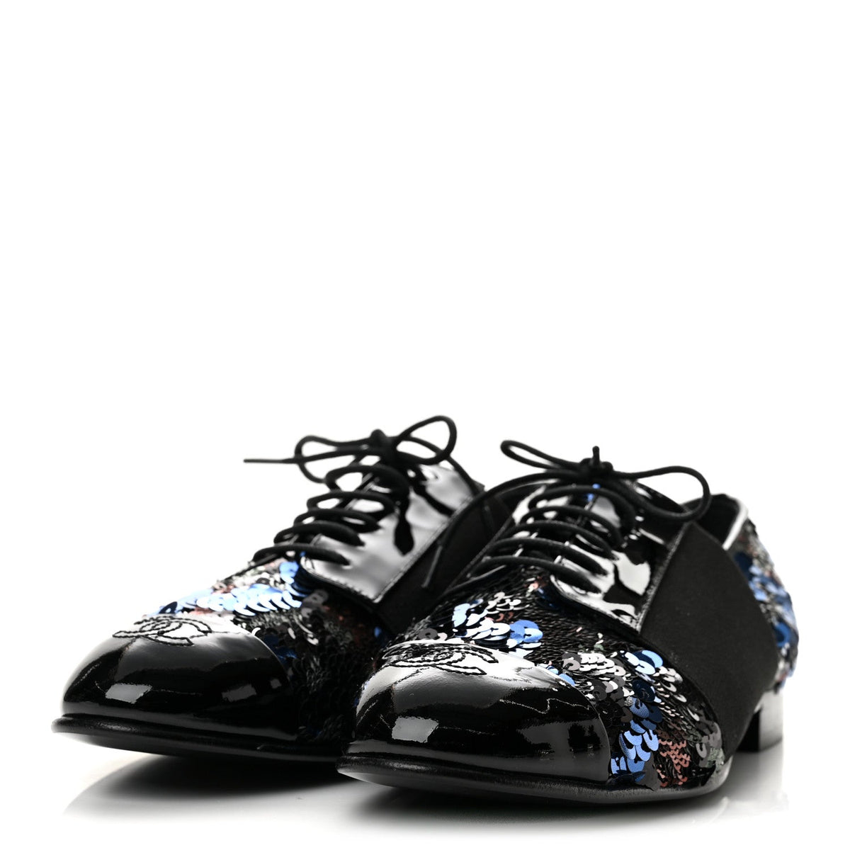 Patent Calfskin Sequin CC Cap Toe Womens Lace Up Oxfords 37.5 Blue Black