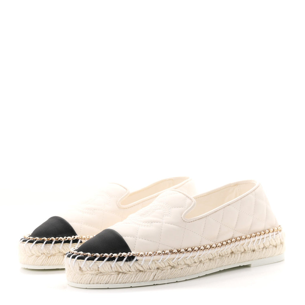 Shiny Lambskin Quilted Grosgrain Cap Toe CC Chain Espadrilles 37 White Black