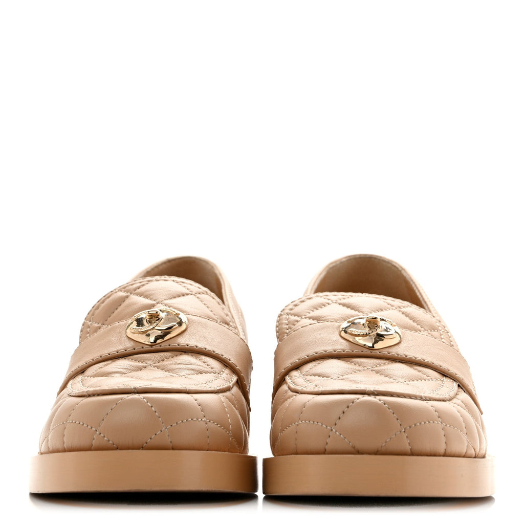 Lambskin Quilted CC Heart Loafers 39 Beige