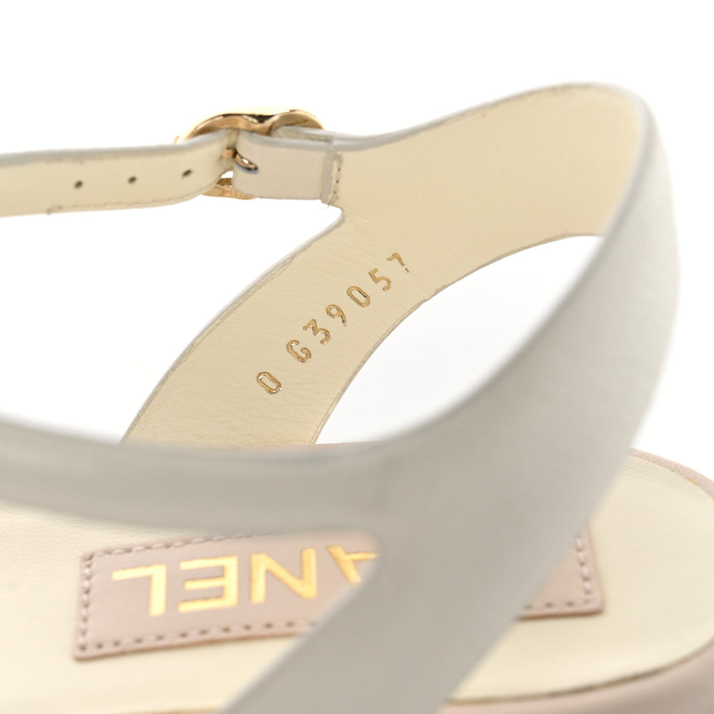 Shiny Calfskin Camellia Thong Sandals 37 Ivory Beige