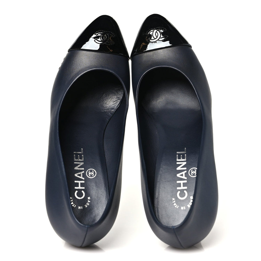 Calfskin Patent CC Cap Toe Platform Chain Pumps 38.5 Navy Black