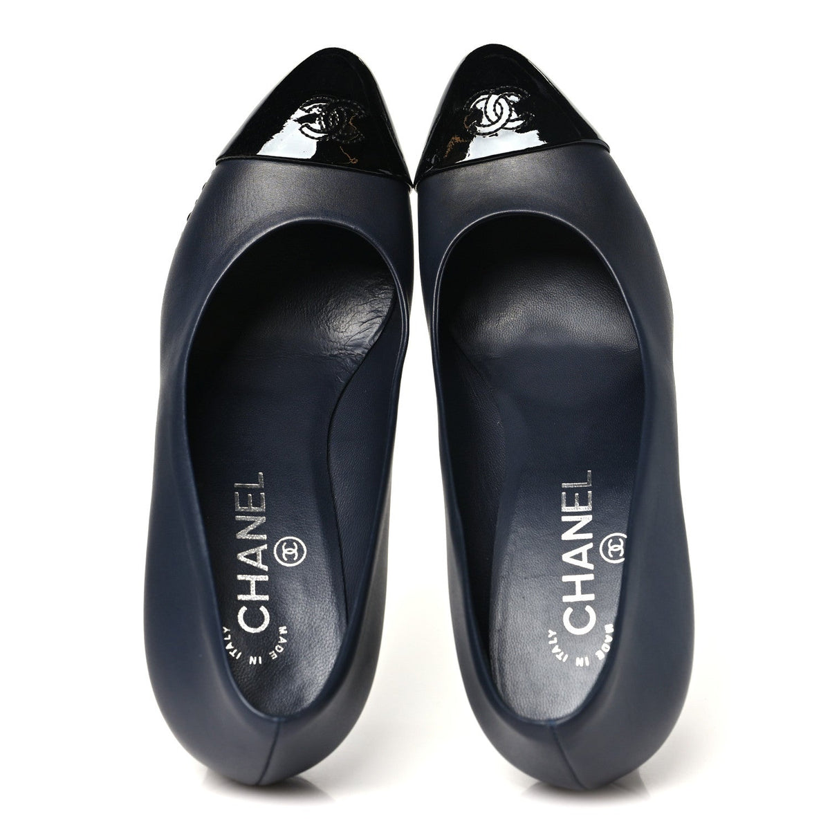 Calfskin Patent CC Cap Toe Platform Chain Pumps 38.5 Navy Black