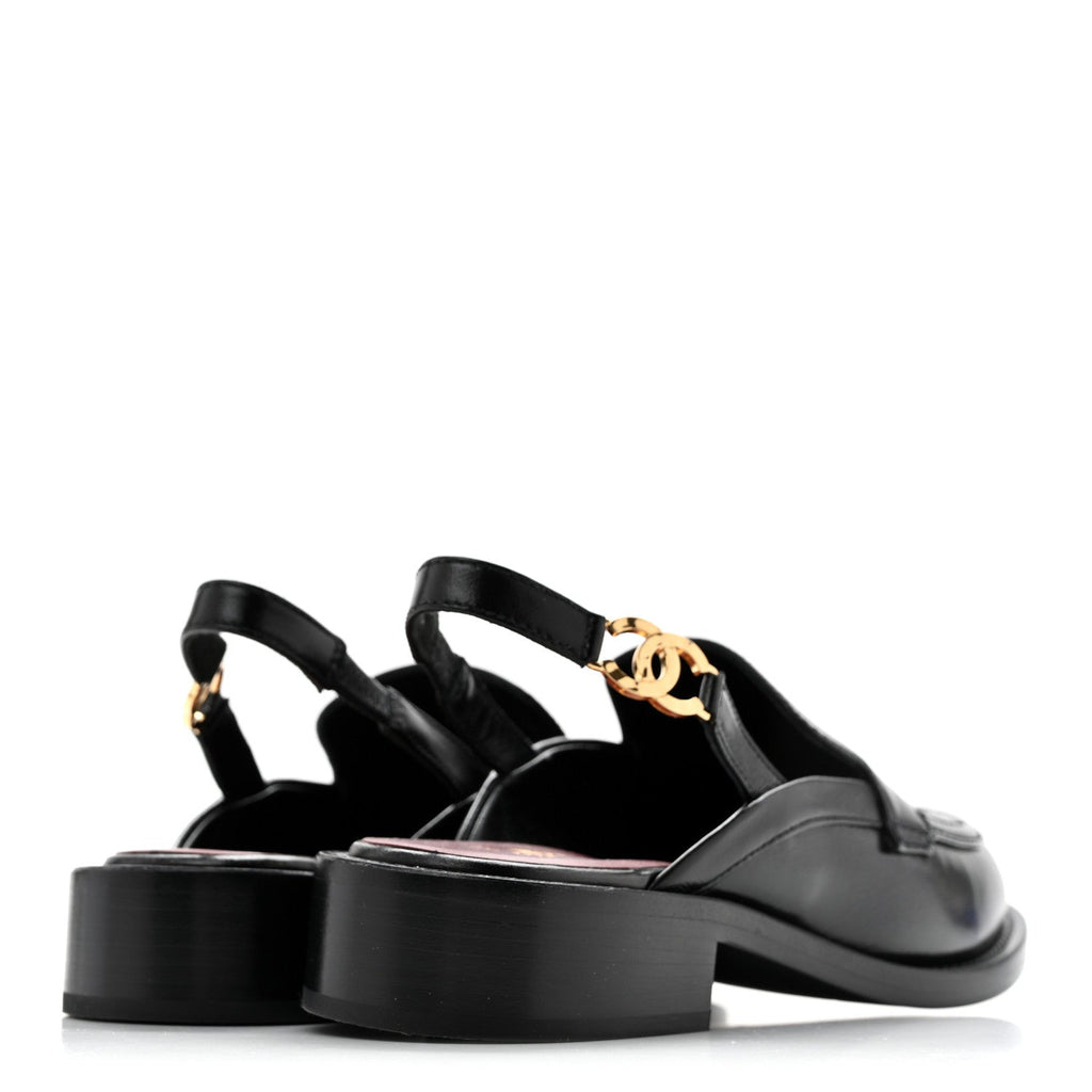 Glazed Calfskin CC Slingback Flats 37 Black