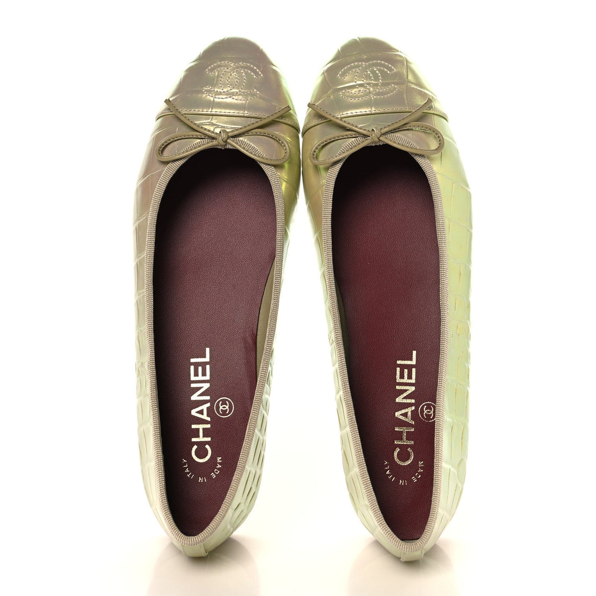 Iridescent Calfskin Crocodile Embossed Ballerina Flats 38 Yellow