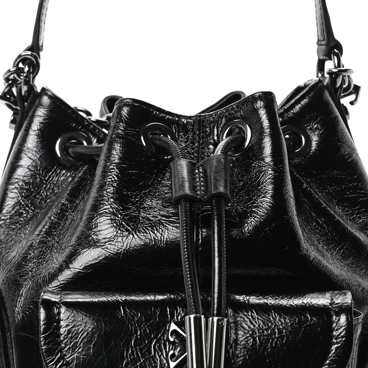 Calfskin Dumbo B Chain Pocket Bucket Bag Black