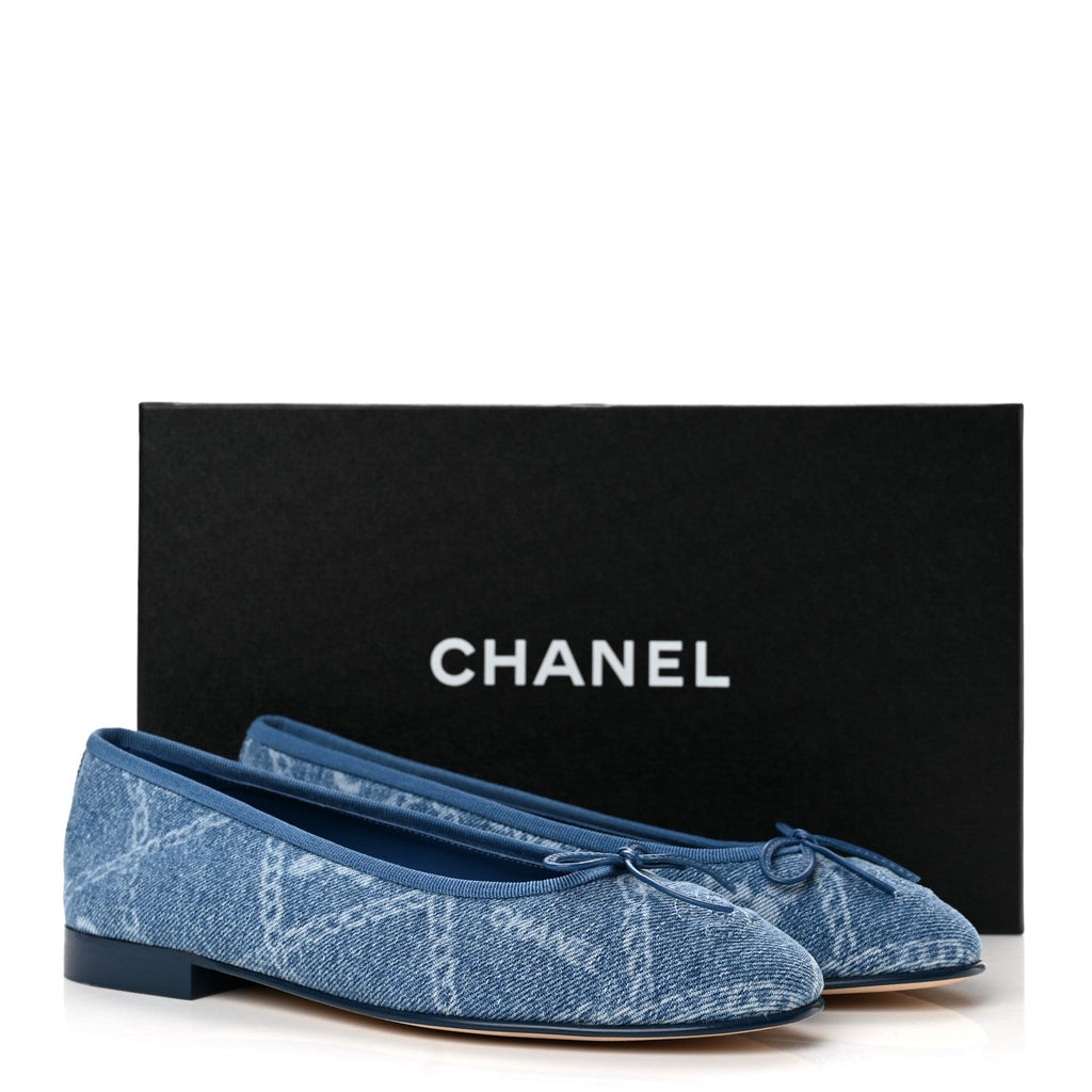 Denim Printed Cap Toe Ballerina Flats 36.5 Blue