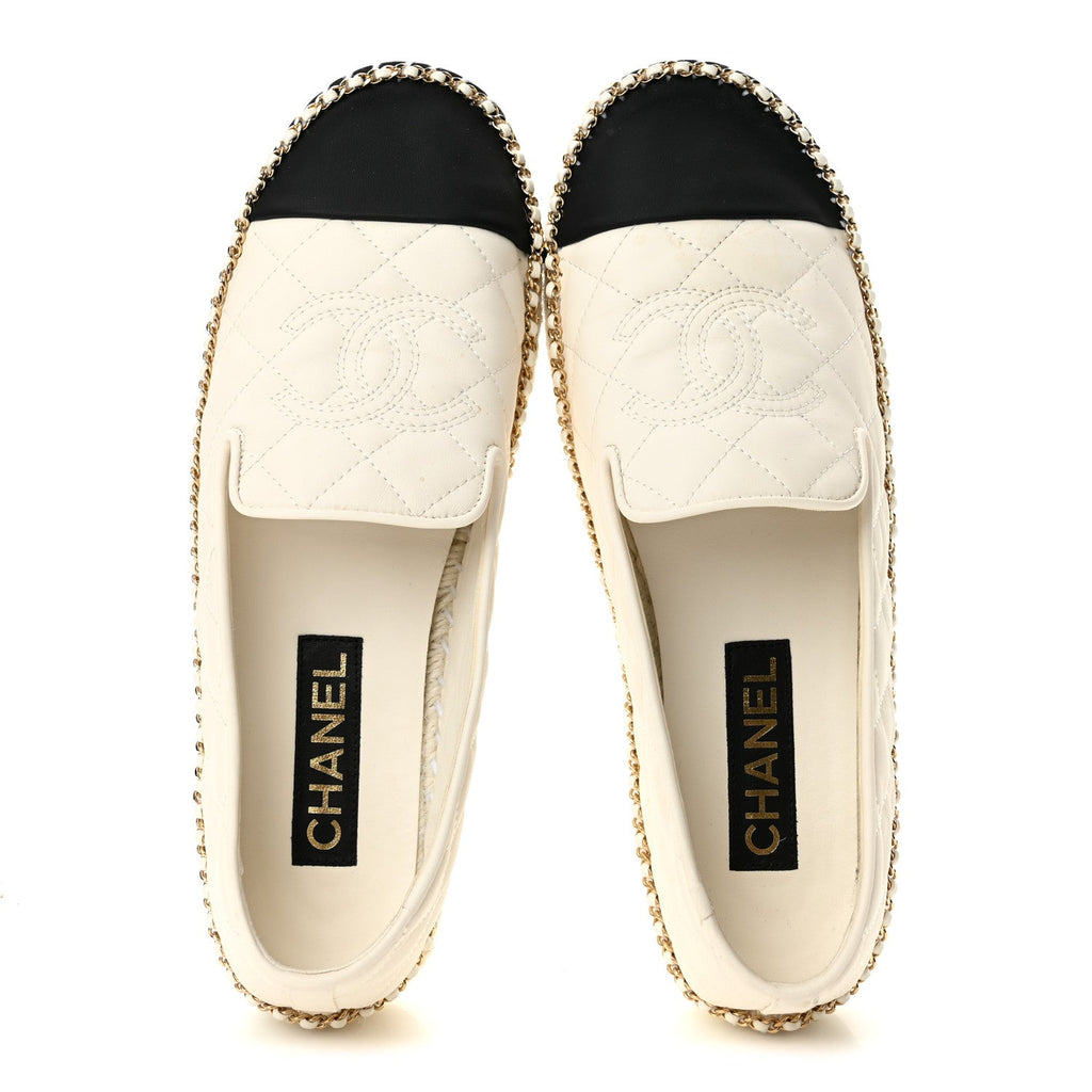 Shiny Lambskin Quilted Grosgrain Cap Toe CC Chain Espadrilles 40 White Black