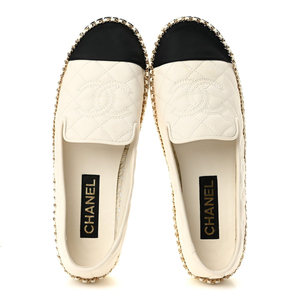 Shiny Lambskin Quilted Grosgrain Cap Toe CC Chain Espadrilles 40 White Black