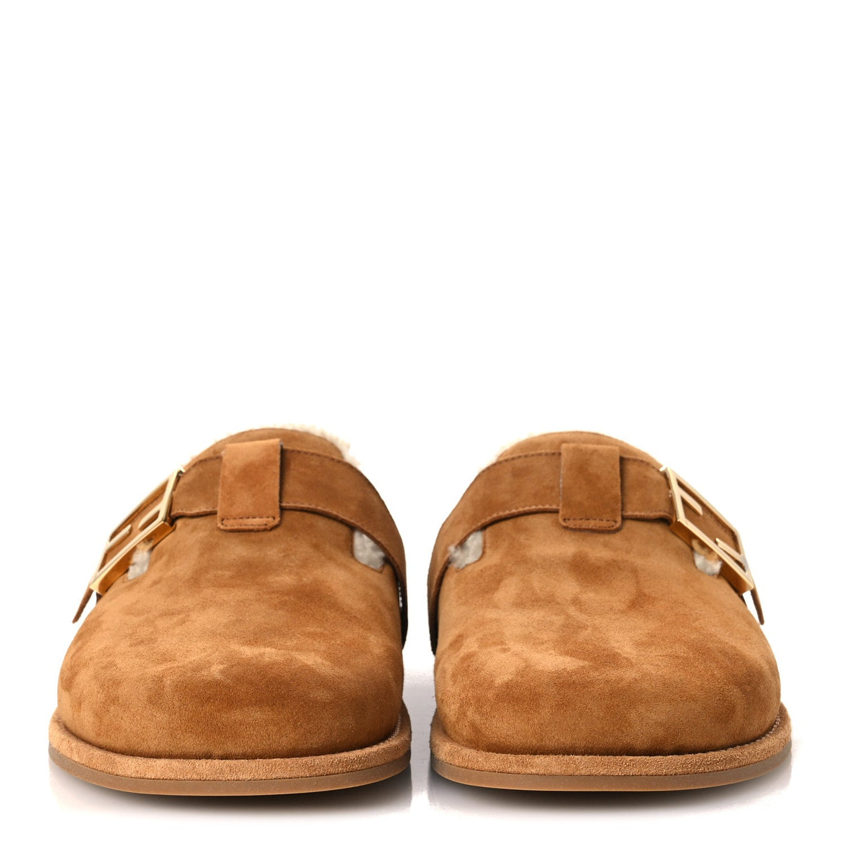 Suede Shearling Fendi Feel Buckled Clogs 41 Caramel Latte